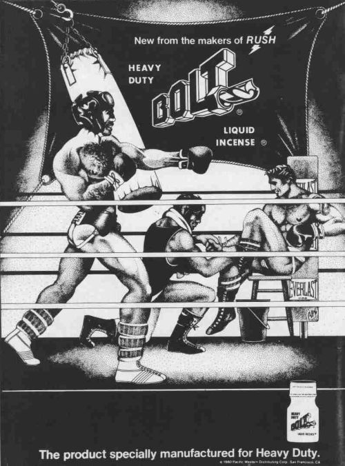 Старая реклама попперсов PWD Heavy Bolt в журнале Advocate